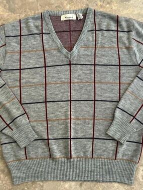 Vintage 1980s Kingsport Plaid V-Neck Knit Sweater Gray Men’s L